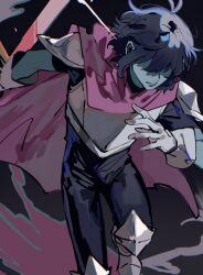 1other absurdres akmizuk armor armored_boots black_pants blue_hair blue_skin boots breastplate cape colored_skin commentary deltarune english_commentary foot_out_of_frame gloves hair_over_eyes highres holding holding_sword holding_weapon kris_(dark_world)_(deltarune) kris_(deltarune) medium_hair other_focus pants partially_shaded_face pauldrons pink_cape shoulder_armor solo standing sword weapon white_gloves