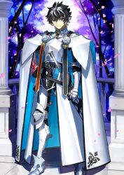 1boy arm_at_side armor armored_boots armored_gloves asymmetrical_armor belt belt_buckle black_belt black_hair black_pants black_shirt blue_eyes boots bracer breastplate buckle cape charlemagne_(fate) charlemagne_(second_ascension)_(fate) clenched_hand closed_mouth fate/grand_order fate_(series) feet_out_of_frame game_cg gauntlets gorget hair_between_eyes hand_on_own_hip high_collar joyeuse_ordre_(fate) leg_armor legs_apart looking_at_viewer male_focus multicolored_hair official_art pants pauldrons petals puffy_sleeves purple_background sheath sheathed shirt short_hair shoulder_armor smile solo spiked_hair standing streaked_hair third-party_source turtleneck two-sided_cape two-sided_fabric two-tone_hair variant_set wada_arco waist_cape white_armor white_boots white_cape white_hair