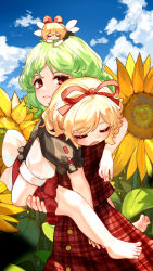 absurdres barefoot black_shirt blonde_hair blue_sky carrying carrying_person closed_mouth cloud cloudy_sky field flower flower_field green_hair highres kazami_yuuka kourou_(kouroukun) medicine_melancholy medium_hair open_mouth plaid_clothes plaid_skirt plaid_vest red_eyes red_skirt red_vest shirt short_sleeves skirt sky sleeping sleeping_on_person smile su-san sunflower sunflower_field touhou vest white_shirt
