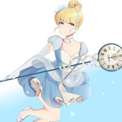 1girl absurdres blonde_hair blue_dress blue_eyes choker cinderella_(disney_character) cinderella_(disney_movie) dress earrings elbow_gloves gloves hair_bun highres jewelry long_hair looking_at_viewer magical_girl princess short_hair solo sunnypoppy