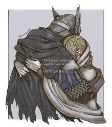 1boy 1girl armor blonde_hair brother_and_sister cape dress duchess_(elden_ring) earrings elden_ring elden_ring_nightreign gloves helmet highres holding hug imawa315 jewelry long_hair siblings simple_background white_gloves wylder_(elden_ring)