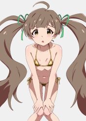 1girl :o ahoge bikini blush breasts brown_eyes brown_hair collarbone gluteal_fold gold_bikini green_ribbon grey_background hair_ribbon hakozaki_serika hands_on_own_knees highres idolmaster idolmaster_million_live! leaning_forward long_hair looking_at_viewer magusancients navel open_mouth ribbon side-tie_bikini_bottom simple_background small_breasts solo standing straight-on string_bikini swimsuit thigh_gap very_long_hair