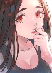 1girl bare_shoulders black_tank_top breasts brown_hair cleavage collarbone commentary_request hand_on_own_cheek hand_on_own_face highres hongou_miyuki large_breasts lips long_hair looking_at_viewer parted_lips portrait red_eyes sawaranaide_kotesashi-kun shinjou_takuya simple_background solo tank_top white_background