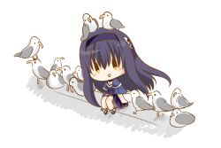1girl bird black_hair blue_capelet blue_dress blue_hairband blush bone_hair_ornament breasts capelet chibi cleavage dress frilled_capelet frills full_body hair_ornament hairband highres kushima_kamome long_hair looking_at_viewer open_mouth seagull shoes simple_background sitting skull_and_crossbones skull_hair_ornament solo summer_pockets ura_(ura-tennislove) white_background yellow_eyes