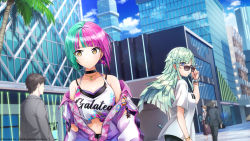 2boys 3girls bare_shoulders black_choker blue_eyes blunt_bangs bob_cut bracelet breasts brown_eyes choker cleavage copyright_notice crescent crescent_necklace dolphin_wave extra green_hair helly_lewis highres jewelry large_breasts midriff multicolored_hair multiple_boys multiple_girls navel necklace off_shoulder official_art outdoors palms pink_hair selena_lewis shirt sunglasses t-shirt two-tone_hair white_shirt