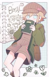 1boy basil_(birthday)_(omori) basil_(faraway)_(omori) basil_(omori) blonde_hair blue_eyes blush book boots brown_boots brown_hat brown_overalls character_name covering_own_mouth hat highres holding holding_book long_sleeves looking_at_viewer male_focus official_alternate_costume omori overall_shorts overalls pino_ois1 scrapbook short_hair solo