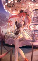 Rule 34 | 1girl, ankle bow, ankle ribbon, artist request, bare shoulders, black bonnet, black corset, black gloves, blunt bangs, bonnet, bow, brown eyes, carnival scene (shining nikki), carousel, corset, detached sleeves, dot nose, dress, eyelashes, feet out of frame, frilled dress, frilled gloves, frills, game cg, gloves, green bow, grey dress, grey sleeves, hair bow, hat feather, highres, holding, holding own hair, lace-trimmed headwear, lace trim, light particles, lolita fashion, long hair, looking at viewer, nikki (series), offering hand, official art, open mouth, outdoors, pantyhose, pleated dress, polka dot sleeves, puffy short sleeves, puffy sleeves, red bow, red hair, red shoes, ribbon, ringlets, see-through pantyhose, shining nikki, shoes, short dress, short sleeves, sleeveless, sleeveless dress, smile, solo, sonya (shining nikki), sparkle, star (symbol), striped clothes, striped pantyhose, tree, turtleneck, turtleneck dress, twilight, twintails, wavy hair, white pantyhose