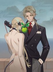 1boy 1girl absurdres apple black_gloves black_jacket black_pants braid collared_shirt completely_nude degrees_of_lewdity fine_art_parody food fruit gloves green_apple hand_in_pocket highres holding holding_leash jacket leash long_sleeves lou_xiaotiao low_twin_braids necktie nude pants parody player_character_(degrees_of_lewdity) player_character_(female)_(degrees_of_lewdity) red_necktie remy_(degrees_of_lewdity) remy_(male)_(degrees_of_lewdity) scar scar_on_face shirt the_son_of_man_(magritte) twin_braids white_shirt