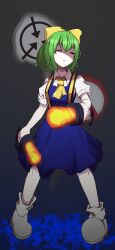 1girl alternate_eye_color ascot black_sclera blue_dress boots bow closed_mouth collared_shirt colored_sclera commentary_request cookie_(touhou) daiyousei diyusi_(cookie) dress dual_wielding expressionless full_body green_hair grey_background hair_bow high-visibility_clothing high-visibility_vest highres holding looking_at_viewer medium_hair nanariku no_entry_sign one_eye_closed pinafore_dress red_eyes road_sign scp-910-jp scp_foundation shaded_face shirt short_sleeves sign sleeveless sleeveless_dress solo standing touhou traffic_baton unusually_open_eyes white_boots white_shirt yellow_ascot yellow_bow