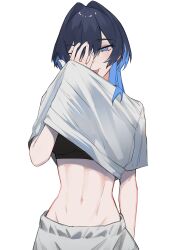 1girl abs absurdres black_sports_bra blue_eyes blue_hair bright_pupils clothes_pull colored_inner_hair commentary cropped_legs double-parted_bangs grey_pants groin hair_between_eyes hair_intakes hand_over_eye hand_under_clothes hand_under_shirt highres hololive hololive_english hunk_404 light_blush medium_hair midriff multicolored_hair navel one_eye_closed ouro_kronii pants pulling_own_clothes shirt shirt_pull short_sleeves simple_background smile sports_bra t-shirt toned toned_female tongue tongue_out virtual_youtuber white_background white_pupils white_shirt