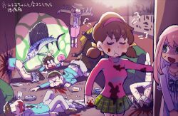 2girls 6+boys angry antenna_hair aoki_(fumomo) aqua_eyes ass belt black_belt blonde_hair blood blood_on_clothes blood_on_face blue_bow blue_bowtie blue_cardigan blue_dress blue_jacket blunt_bangs bow bowtie briefs brothers brown_hair brown_shoes business_suit cardigan character_request clenched_hand closed_eyes closed_mouth couch dress dress_pants dress_shoes eyelashes fang fish formal_clothes frilled_jacket frills green_skirt grey_pants hair_bow hairband hand_fan hands_on_lap hanging heart heart_in_mouth holding holding_fan jacket jewelry light_blush long_dress long_sleeves looking_at_another low_twintails male_underwear matsuno_choromatsu matsuno_ichimatsu matsuno_jyushimatsu matsuno_karamatsu matsuno_osomatsu matsuno_todomatsu miniskirt multiple_boys multiple_girls necklace no_pupils official_alternate_costume open_mouth osomatsu-san osomatsu_(series) pants pants_around_ankles pink_hairband pink_shirt plaid_clothes plaid_skirt pleated_skirt pool_of_blood pout puff_of_air raised_inner_eyebrows scared sextuplets shirt shoes short_hair short_twintails siblings single_stripe skirt smile socks striped_bow striped_bowtie striped_clothes suit sweatdrop swordfish table teeth torn_clothes torn_jacket torn_pants translation_request turn_pale turtleneck turtleneck_shirt twintails underwear v-shaped_eyebrows white_male_underwear white_socks yellow_bow yowai_totoko