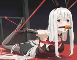 1girl absurdres animal_ears arms_behind_back bare_shoulders bdsm black_dress black_eyes black_gloves black_leotard black_pantyhose blush bondage bound breast_bondage breasts cailin020 detached_collar dress echidna_(re:zero) elbow_gloves fake_animal_ears food_gag gag gloves high_heels highres hogtie leotard long_hair looking_to_the_side lying on_stomach pantyhose playboy_bunny re:zero_kara_hajimeru_isekai_seikatsu restrained shibari shibari_over_clothes small_breasts solo very_long_hair white_hair