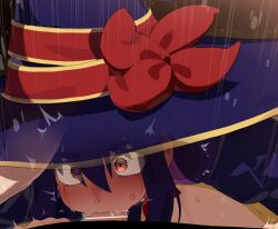 1boy 1girl absurdres bar_censor blue_hat blush censored commentary_request deepthroat fellatio hair_between_eyes hat hetero highres idola_avorn long_hair mizumizuni oral penis pov red_eyes sentai_red_ga_isekai_de_boukensha_ni_naru solo_focus sweat tears witch_hat