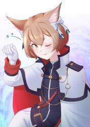1boy 20s :3 absurdres animal_ear_fluff animal_ears atpoppet belt blonde_hair blush bow bowtie bright_background cape capelet cat_boy cat_ears felix_argyle hair_between_eyes highres long_sleeves looking_at_viewer one_eye_closed re:zero_kara_hajimeru_isekai_seikatsu smile solo star_(symbol) thick_eyebrows trap upper_body wink