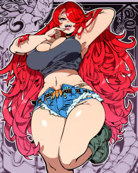1girl armpits bare_shoulders boots breasts cleavage commentary_request denim denim_shorts fingernails green_boots grey_tank_top hair_over_one_eye kafun large_breasts legs long_hair looking_at_viewer messy_hair navel open_mouth original red_eyes red_hair red_nails sharp_fingernails short_shorts shorts smile solo standing standing_on_one_leg stomach tank_top tongue very_long_hair