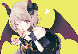 1girl bare_shoulders black_bow black_dress blush bow breasts brown_hair choker collarbone commentary_request demon_girl demon_horns demon_wings dress dress_bow finger_to_mouth from_above hair_bow heart highres horns looking_at_viewer love_live! love_live!_nijigasaki_high_school_idol_club nakasu_kasumi off-shoulder_dress off_shoulder official_alternate_costume ogi_(sham00) one_eye_closed orange_bow red_eyes short_hair small_breasts solo tongue tongue_out wings yellow_background