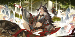 1girl ^_^ absurdres alcohol bare_legs bird black_collar black_hair black_horns black_kimono black_skirt breasts character_request cleavage closed_eyes collar colored_inner_hair cup day demon_horns detached_collar fangs flame_tattoo forest full_body gourd grey_jacket haori happy highres holding holding_cup horns jacket japanese_clothes kimono layered_sleeves leg_tattoo long_hair long_sleeves messy_hair miniskirt multicolored_hair nature navel neck_tassel onmyoji open_mouth outdoors owl parted_bangs pointy_ears renzai sakazuki sake short_kimono sitting skirt small_breasts smile solo stomach tattoo teeth tree upper_teeth_only very_long_hair watermark waves weibo_watermark wide_sleeves