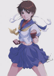 Rule 34 | 1girl, absurdres, blue sailor collar, blue skirt, brown eyes, brown hair, closed mouth, fighting stance, grey background, headband, highres, kasugano sakura, looking at viewer, midriff, miniskirt, neckerchief, pleated skirt, sailor collar, sailor shirt, school uniform, serafuku, shirt, short hair, signature, simple background, skirt, solo, stomach, street fighter, tyanoki, white headband, white shirt, yellow neckerchief