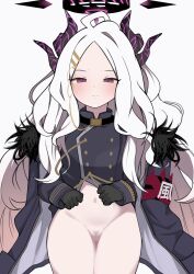 1girl absurdres ahoge black_coat black_gloves black_halo blue_archive blush coat coat_on_shoulders demon_girl demon_horns demon_wings gloves halo highres hina_(blue_archive) horns kumano_foo long_hair looking_at_viewer navel panties pubic_hair purple_eyes side-tie_panties simple_background solo sparse_pubic_hair standing underwear white_background white_hair wings