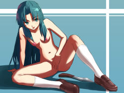 00s 1girl :p asakura_ryoko blue_eyes blue_hair convenient_censoring covering_privates female_focus highres kakaon knife long_hair matching_hair/eyes nipples nude nude_filter socks solo spread_legs suzumiya_haruhi_no_yuuutsu third-party_edit tongue tongue_out