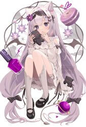 1girl animal_ears bare_shoulders black_bow black_eyes black_hairband bow cat_ears demon_girl dress flower full_body goma_(u_p) hair_flower hair_ornament hairband hairclip highres holding holding_stuffed_toy knees_up long_hair looking_at_viewer original purple_hair short_shorts shorts simple_background sitting socks solo stuffed_toy very_long_hair white_background white_dress white_socks