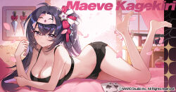 1girl ahoge apple_caramel bare_shoulders barefoot bed black_hair black_shirt black_shorts breasts brown_eyes cleavage closed_mouth commentary_request crop_top feet hair_ribbon hand_up highres kagekiri_maeve kunai large_breasts legs_up long_hair looking_at_viewer lying micro_shorts midriff navel on_bed on_stomach ribbon shirt shorts sleep_mask sleeveless sleeveless_shirt smile solo stomach symbol-shaped_pupils the_pose thighs twintails v&amp;u_entertainment virtual_youtuber weapon