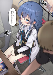 Rule 34 | 1boy, 1girl, absurdres, ahoge, artist name, black skirt, blue eyes, blue hair, blush, breasts, cosplay, crossed bangs, hair between eyes, highres, long hair, mushoku tensei, nakatokung, open mouth, original, roxy migurdia, roxy migurdia (cosplay), shirt, skirt, small breasts, solo focus, thighs, translation request, wrist cuffs