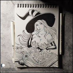 1girl bare_shoulders breasts candra cleavage dragon&#039;s_crown hat large_breasts long_hair monochrome sketchbook sorceress_(dragon&#039;s_crown) witch_hat