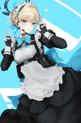 1girl absurdres apron belt belt_pouch black_choker black_dress black_gloves blonde_hair blue_archive blue_background blue_bow blue_eyes bow bowtie braid bun_cover chest_harness choker closed_mouth commentary double_v dress earpiece fingerless_gloves frilled_apron frills gloves halo hands_up harness highres juliet_sleeves long_sleeves looking_at_viewer maid maid_apron maid_headdress mole mole_under_eye multicolored_hair pouch puffy_sleeves short_hair solo streaked_hair toki_(blue_archive) v wing_collar y.i._(lave2217)