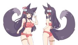 Rule 34 | 1girl, animal ears, arm up, ass, bell, bikini, black hair, breasts, fox ears, fox girl, fox shadow puppet, fox tail, frilled bikini, frills, granblue fantasy, hair bell, hair ornament, jalm, jingle bell, long hair, multiple views, navel, open mouth, red bikini, red eyes, smile, stomach, swimsuit, tail, thigh strap, thighs, turnaround, yuel (granblue fantasy)