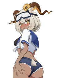 1girl @_@ absurdres animal_ears arknights arutemisu180 ass beeswax_(arknights) blue_sailor_collar blush brown_horns commentary commission cowboy_shot crop_top crossed_bangs curled_horns dark-skinned_female dark_skin embarrassed english_commentary flower from_behind grabbing_own_ass grey_hair grey_tail hair_between_eyes highres horns looking_at_viewer looking_back median_furrow micro_shorts orange_horns sailor_collar shirt short_hair short_sleeves shorts simple_background solo standing tail tied_shirt turning_head wavy_mouth white_background white_shirt yellow_flower