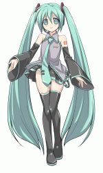 1girl animated animated_gif aqua_eyes aqua_hair blinking boots detached_sleeves eeeeee female_focus hatsune_miku highres long_hair music necktie singing solo thigh_boots thighhighs twintails vocaloid