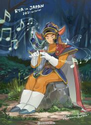 1boy absurdres aretokasoretoka armor blue_armor boots cape collarbone dragon_quest dragon_quest_i fake_horns forest gloves harp helmet hero_(dq1) highres horned_helmet horns instrument moss music musical_note musical_staff nature on_rock open_mouth orange_shirt outdoors playing_instrument red_cape shirt sitting slime_(dragon_quest) v-shaped_eyebrows white_boots white_gloves