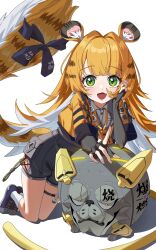 1girl absurdres aichry animal_ear_fluff animal_ears blonde_hair colored_inner_hair duplicate green_eyes highres jacket ju_fufu long_hair looking_at_viewer multicolored_hair open_mouth pixel-perfect_duplicate shirt shorts simple_background smile solo tail tiger_ears tiger_girl tiger_tail white_background zenless_zone_zero