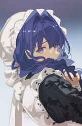 1girl apron black_dress blue_eyes blue_hair braid dress from_side furrowed_brow gradient_background hand_in_own_hair highres hololive hololive_english juliet_sleeves long_hair long_sleeves looking_at_viewer low_twin_braids maid_apron maid_headdress ouro_kronii ouro_kronii_(maid) parted_bangs puffy_sleeves solo twin_braids upper_body virtual_youtuber white_apron xiaociiao