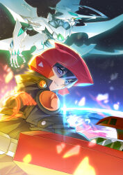 1boy black_hair blue_jacket d-wheel dragon duel_disk earth_(planet) facial_mark from_side fudo_yusei glowing helmet jacket looking_at_viewer male_focus motor_vehicle motorcycle open_mouth parted_lips planet purple_eyes red_helmet riding shooting_quasar_dragon smile space tsuezu upper_body yu-gi-oh! yu-gi-oh!_5d&#039;s