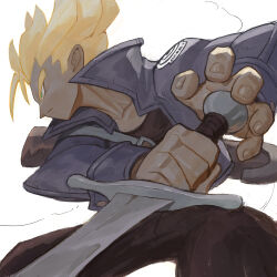 Rule 34 | 1boy, blonde hair, blue jacket, capsule corp, closed eyes, collarbone, collared jacket, dragon ball, dragonball z, garrett hanna, green eyes, holding, holding sword, holding weapon, jacket, male focus, open clothes, open jacket, reverse grip, sheath, solo, super saiyan, super saiyan 1, sword, trunks (dragon ball), trunks (future) (dragon ball), weapon, white background