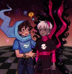 1boy 1girl artist_request black_dress black_lips blue_hood buck_teeth dress glasses grimdark_mode_(homestuck) homestuck john_egbert knitting_needle long_scarf needle non-web_source rose_lalonde scarf source_request teeth