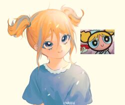 Rule 34 | 1girl, artist name, blonde hair, blue eyes, bubbles (ppg), buttercup redraw challenge (meme), commentary, derivative work, english commentary, eyebrows hidden by hair, knaiifu, loose hair strand, meme, messy hair, powerpuff girls, reference inset, screenshot redraw, sidelocks, signature, simple background, solo, twintails, upper body