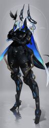 1girl absurdres belt belt_pouch bird blue_hair bodysuit breasts dark_skin echanis_enicha grey_background high_heels highres horns large_breasts leg_armor multicolored_hair navel no_eyes original pouch tail thigh_strap two-tone_hair white_hair zipper