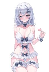 1girl bare_arms bare_shoulders bikini black_bow black_eyes bow breasts candy choker cleavage closed_mouth food frilled_bikini frilled_choker frilled_thigh_strap frills hair_bow highres holding holding_candy holding_food holding_lollipop large_breasts lollipop long_hair looking_at_viewer navel original q_cupid_p3 simple_background smile solo stomach string_bikini swimsuit thigh_strap tongue tongue_out white_background white_bikini white_hair