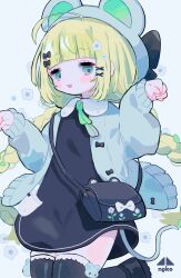 1girl animal_ears aqua_eyes bag black_bag black_bow black_shoes black_thighhighs blonde_hair blush_stickers bow braid cardigan collared_dress commentary_request contrast_collar cotono_(nazekun) dress fake_animal_ears fang film_grain flower green_ribbon grey_cardigan grey_hat hair_bow hair_flower hair_ornament hat hat_with_ears highres leg_up long_hair long_sleeves mouse_ears mouse_tail neck_ribbon open_cardigan open_clothes open_mouth original ribbon round_collar shoes shoulder_bag smile solo tail thighhighs twin_braids w_arms white_flower x_hair_ornament