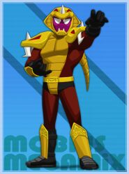 Rule 34 | 1boy, armor, belt, black swim briefs, boots, costume, fangs, fighting vipers, gloves, gold armor, helmet, joeadok, mahler (fighting vipers), male swimwear, mask, no mouth, pointing, sega, snake head, solo, spikes, swim briefs, white eyes, wrestling outfit