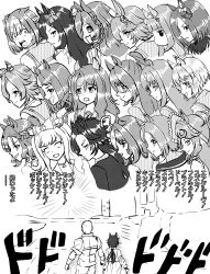 1boy 6+girls :3 absurdres agemasen!_(meme) agnes_digital_(umamusume) air_groove_(umamusume) air_shakur_(umamusume) blunt_bangs bow braid character_name coat domino_mask ear_bow ear_covers el_condor_pasa_(umamusume) from_behind gloom_(expression) golden_generation_(umamusume) grass_wonder_(umamusume) greyscale hair_bow hair_ornament hairband hairclip highres jojo_no_kimyou_na_bouken jungle_pocket_(umamusume) king_halo_(umamusume) long_hair looking_at_viewer low_ponytail mask matikanefukukitaru_(umamusume) meisho_doto_(umamusume) mejiro_bright_(umamusume) mejiro_dober_(umamusume) meme monochrome montjeu_(umamusume) multiple_girls narita_top_road_(umamusume) ojisanevolution parody ponytail sailor_collar seiun_sky_(umamusume) silence_suzuka_(umamusume) special_week_(umamusume) stardust_crusaders stay_gold_(umamusume) t.m._opera_o_(umamusume) trainer_(umamusume) tsurumaru_tsuyoshi_(umamusume) umamusume