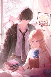 1boy 1girl abby_(wuthering_waves) alternate_costume black_hair black_jacket black_necktie blonde_hair blue_bow blue_bowtie blue_eyes blush book book_stack bow bowtie brown_vest cartethyia_(wuthering_waves) closed_mouth collared_shirt commentary curtains earrings english_commentary headpat highres holding holding_pencil indoors isobe47 jacket jewelry long_hair looking_down male_rover_(wuthering_waves) necktie open_mouth parted_bangs pencil pointy_ears rover_(wuthering_waves) school_uniform shirt smile tacet_mark_(wuthering_waves) tutor vest white_jacket white_shirt window wuthering_waves yellow_eyes