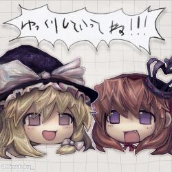 2girls artist_name blonde_hair brown_hair crossover crown fang frilled_hat frills hairband hat head_only highres kinutaku kirisame_marisa multiple_girls open_mouth purple_crown purple_eyes red_hairband red_ribbon ribbon smile sweat tongue touhou umineko_no_naku_koro_ni ushiromiya_maria white_ribbon yukkuri_shiteitte_ne