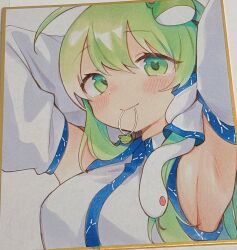Rule 34 | 1girl, adjusting hair, ahoge, armpits, arms up, bare shoulders, blush, breasts, collared shirt, detached sleeves, dot nose, double-parted bangs, frog hair ornament, green eyes, green hair, hair ornament, hair tie, hair tie in mouth, hair tubes, highres, kochiya sanae, large breasts, long hair, long sleeves, looking at viewer, moni monico, mouth hold, patterned clothing, photo (medium), shikishi, shirt, sideboob, single hair tube, single sidelock, sleeveless, sleeveless shirt, snake hair ornament, solo, touhou, wide sleeves