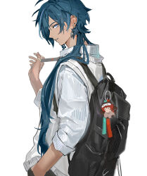 1boy absurdres aji_11300913 bag black_bag black_pants blue_eyes blue_hair character_charm charm_(object) collared_shirt commentary dark-skinned_male dark_skin diluc_(genshin_impact) earclip earrings from_side genshin_impact hand_in_pocket highres holding holding_bag jewelry kaeya_(genshin_impact) long_hair looking_at_viewer male_focus multiple_rings pants parted_lips ring shirt solo upper_body white_shirt