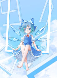 1girl absurdres blue_bow blue_dress blue_eyes blue_hair blue_sky bow cirno cirno_day crossed_legs dress frilled_dress frills hair_bow highres ice ice_wings lbcirno9 looking_at_viewer neck_ribbon puffy_short_sleeves puffy_sleeves ribbon shirt short_hair short_sleeves sitting sky touhou white_shirt wings