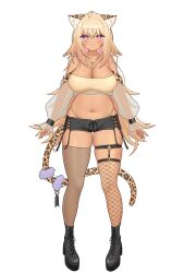 1girl alternate_costume alternate_skin_color animal_ear_fluff animal_ears animal_print asymmetrical_legwear black_boots black_shorts blonde_hair blush boots bracelet breasts cat_ears cat_girl cat_tail cleavage cross-laced_clothes dark-skinned_female dark_skin detached_sleeves fishnet_thighhighs fishnets grey_thighhighs gyaru highleg highleg_panties hololive jewelry large_breasts leopard_ears leopard_print leopard_tail long_hair mochigomemcmc multicolored_hair navel necklace nekomata_okayu panties pink_hair purple_eyes scrunchie_on_tail see-through_clothes see-through_sleeves short_shorts shorts smile solo standing strapless tail thigh_gap thigh_strap thighhighs tube_top underwear virtual_youtuber white_background